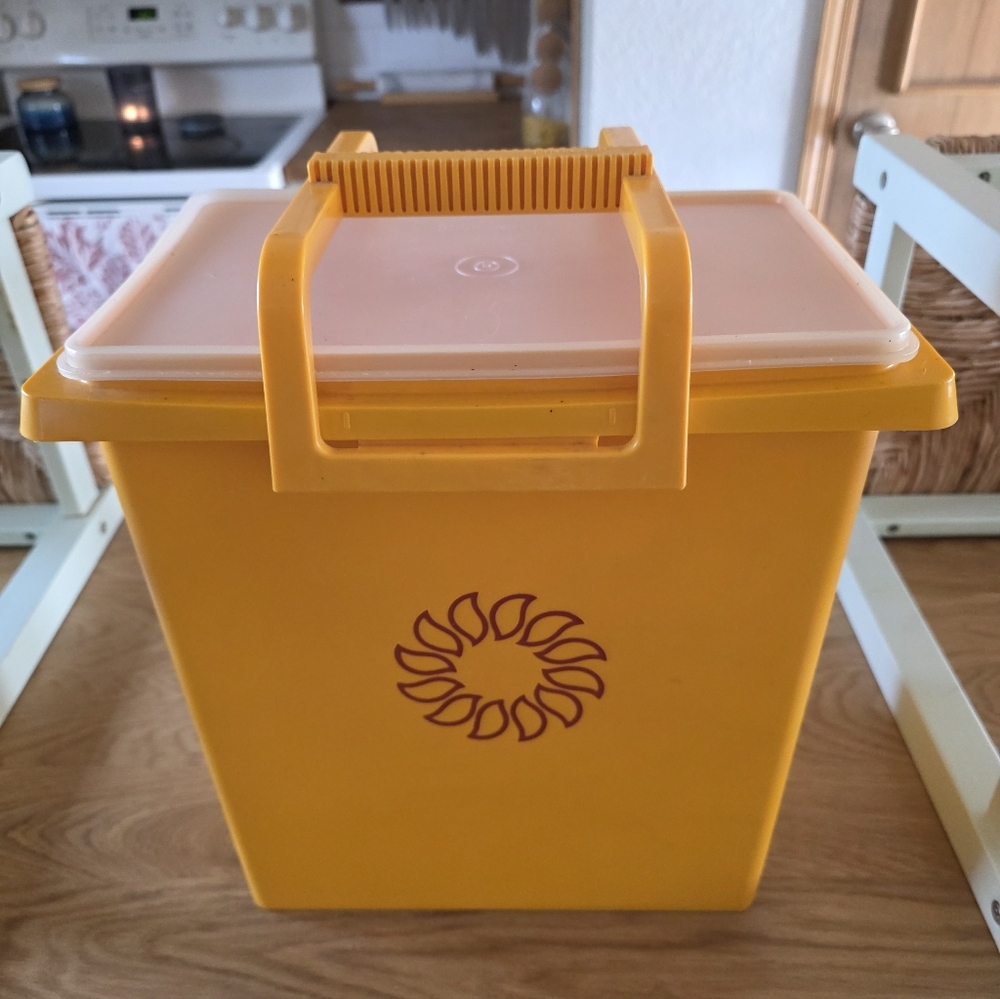 Vintage Tupperware Yellow Storage Bin with Flower Design W/ Handle And Lid